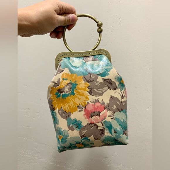 Handsewn Vintage Style Genuine Leather Floral Print Kiss lock Wristlet/Crossbody - Picture 9 of 15